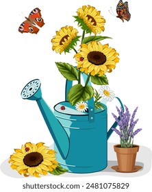 Blumen in einer Gießkanne.Vektorillustration mit Sonnenblumen in einer Gießkanne und Lavendel in einem Topf auf einem durchsichtigen Hintergrund mit Schmetterlingen.