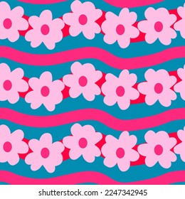 FLOWERS WAVES PINK CURVES SEAMLESS VECTOR PATTERN