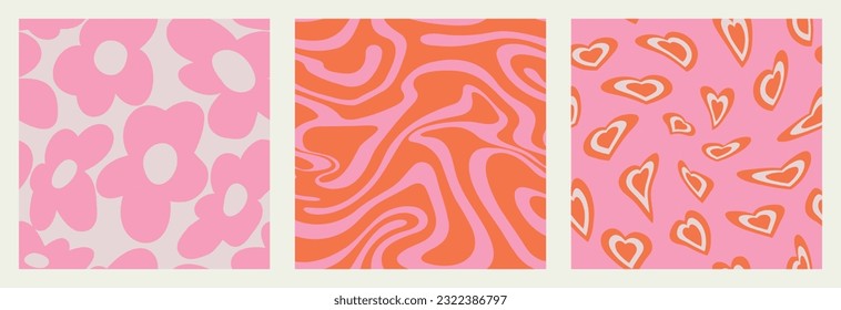 Flowers, wavy swirl, trippy hearts seamless pattern set in orange, pink colors.Seventies style, hippie aesthetic.Vector illustration.