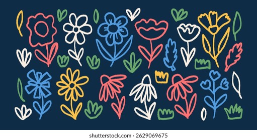 Flores crayon cera conjunto desenhado. Traço de pincel floral ingênuo isolado no fundo escuro. Daisy, papoula, grama, deixa elementos de esboço. Ilustração em estilo infantil vetorial feita a lápis.