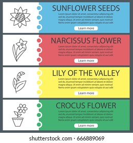 Flowers web banner templates set. Sunflower, daffodil, lily of the valley, crocus. Website color menu items with linear icons. Vector headers design concepts