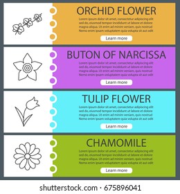 Flowers web banner templates set. Orchid branch, chamomile and daffodil heads, tulip. Website color menu items with linear icons. Vector headers design concepts