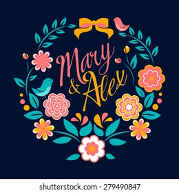 Flowers wedding invitation card, Mary and Alex, greeting