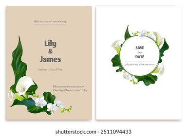 Flowers. Wedding invitation. Tropical flower. Calla lilies. White orchids. Green leaves. Floral background. Postcard.