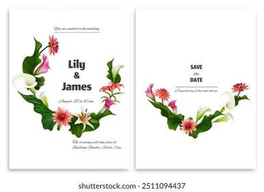 Flowers. Wedding invitation. Tropical flower wreath. Calla lilies. White orchids. Green leaves. Floral background. Postcard. Dahlia. Lilies.