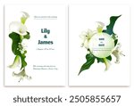 Flowers. Wedding invitation. Wreath of tropical flowers. Calla. White lilies. Green leaves. Floral background. Postcard.