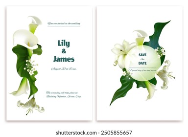 Blumen. Hochzeitseinladung. Kranz tropischer Blumen. Calla. Weiße Lilien. Grüne Blätter. floraler Hintergrund. Postkarte.