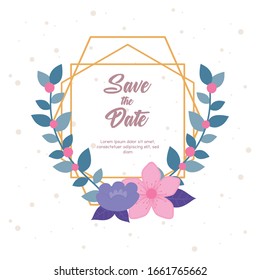 Blumen Hochzeit, speichern Sie das Datum, Einladungskarte Blumen Natur lässt Vektorillustration Illustration