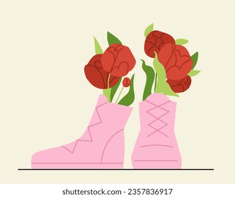 Flowers in wellies concept. Pink rubber boots with bouquet. Bloom and blossom plants. Aesthetics and elegance, beauty. Cartoon flat vector illustration isolated on yellow background