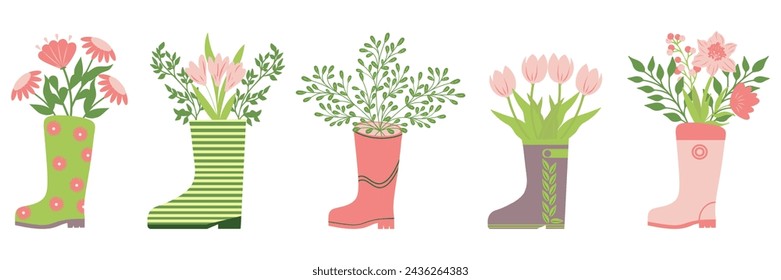 Flowers in wellies horizontal poster, banner. Trendy vector rain boots and florals. Modern illustration design for web and print. Spring and easter holiday concept. Beautiful different kid wellies.