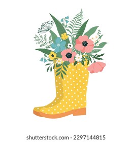 Flowers in wellies poster banner. Trendy vector rain boots and florals. Modern illustration design for web and print. Spring and easter holiday concept. Isolated bouquet of flowers in rubber boots.