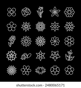 Flowers, white line icons. Various floral designs. Ideal for nature and decoration themes. Symbols on black background. Editable stroke.