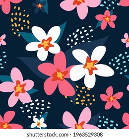 Las flores son blancas y rosas. Patrón transparente de vectores en estilo plano sobre fondo azul oscuro