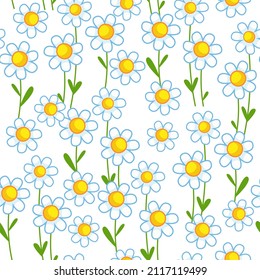 The flowers are white. Seamless pattern with cute daisies on a white background. Vector illustration with childish print for clothes, postcards, textiles. Spring wild flowers with outline.