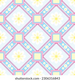 Blumen, weiß, gelb, Nahtlose Muster, Quadrat, Kreis, Dreieck, Pastellfarben, Blau, Gelb, Rosa