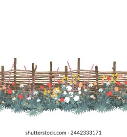 Flowers and wicker fence made of flexible willow or hazel wood, seamless pattern, vector isolated illustration. Rustic wooden fence, countryside border design element