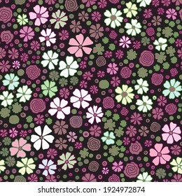 Flowers wild ,colorful ,bright spring colors on black seamless vector pattern. Repeating dense liberty doodle flower meadow background. Repeating Scandinavian style line art florals. For print fabric