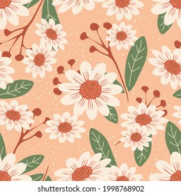 Flores de camomila de campo silvestre. Decoración floral veraniega inmaculada sobre un fondo rosa y elegante. Impresión sobre tejidos, almohadas decorativas, decoración interior. Gráficos vectoriales.