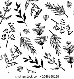 Flowers and wild herbs seamless vector pattern. Hand-drawn doodles. Twigs with leaves, flowers with inflorescences.Black and white backdrop for decoration and design of office supplies, textiles.