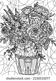 Flowers wild Rose in a vase, white background. Coloring book antistress for children and adults.