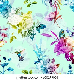 Flowers. Wild roses, rose, with lily of the valley and two hummingbird on pastel background. Seamless pattern. Watercolor.  Hand drawn. Vector - stock