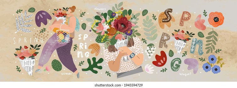 Flowers, woman, bouquet and spring. Vector watercolor summer illustrations of leaves, plants, objects, petals and buds.