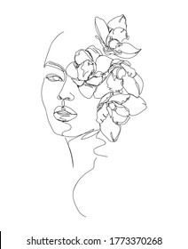 Flowers in woman head. Nature cosmetics. Black and white line drawing illustration. 