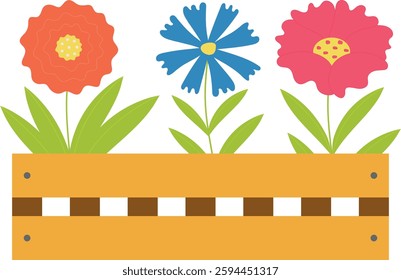 Flowers in a wooden box for the yard and garden. Spring blooming flowers. Isolated vector illustration on a transparent background.