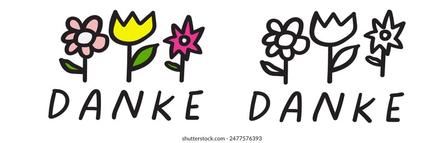 Flowers and word Danke. It's mean thank you in German. Colorful and outline design.  Vector illustration on white background. 