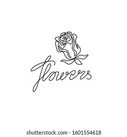 Flowers word and rose emblem or logo design, continuous line drawing, neon, banner, poster, flyers, marketing, card, print, t-shirt, one single line on white background, isolated vector illustration.