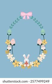 A flowers wreath designed in a cute easter theme with bunnies and eggs pattern