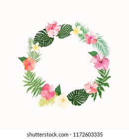 Flowers wreath. Floral tropical collection with beautiful flowers and leaves, hand drawn vector. Design for invitation, wedding or greeting cards.