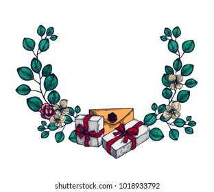 Flowers wreath frame drawn drawing vector illustration isolated on background. Floral decorative element. Perfect for wedding, invitation, romantic design, scrapbooking, greeting card