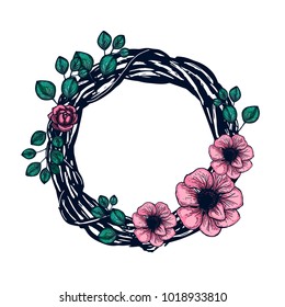 Flowers wreath frame drawn drawing vector illustration isolated on background. Floral decorative element. Perfect for wedding, invitation, romantic design, scrapbooking, greeting card