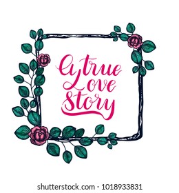 Flowers wreath frame drawn drawing vector illustration isolated on background. Floral decorative element. Perfect for wedding, invitation, romantic design, scrapbooking, greeting card