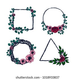 Flowers wreath frame drawn drawing set. Vector illustration isolated on background. Floral decorative element. Perfect for wedding, invitation, romantic design, scrapbooking, greeting card