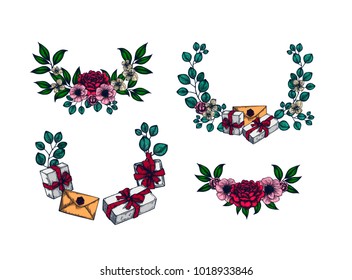 Flowers wreath frame drawn drawing set. Vector illustration isolated on background. Floral decorative element. Perfect for wedding, invitation, romantic design, scrapbooking, greeting card