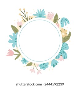 Flowers wreath isolated on white background. Spring flowers frame. Circle border of bouquet. Vector flat illustration.