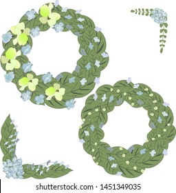 Flowers wreths and decorations set. Garlands and decorative corners for greeting cards and invitations. Flowers and leaves isolated on white background.