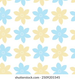 Flowers. Yellow and blue inflorescence of flowering plant. Seamless vector pattern. Isolated colorless background. Endless summer ornament from flower head with sharp petals. Flat style. 