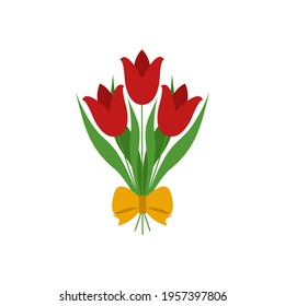 Flowers with yellow bow. The bouquet of red tulips isolated on white background. Vector illustration