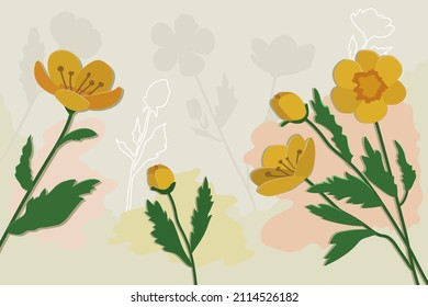 Las flores son amarillas en un fondo beige en el vector. Fondos de escritorio y salvapantallas en vector. Flora y plantas. Antecedentes con flores para el texto con felicitaciones. 8 de marzo. Feliz cumpleaños