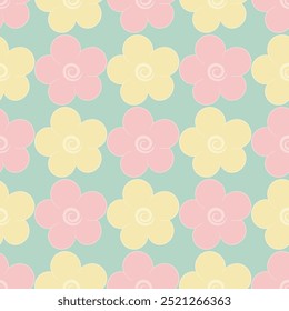 Flowers. Yellow and pink inflorescence of a blooming plant. Seamless vector pattern. Isolated green background. Endless summer ornament of opened flower buds with round petals. Cartoon style. 