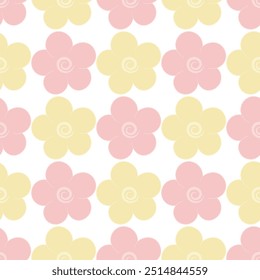 Flowers. Yellow and pink inflorescence of a flowering plant. Seamless vector pattern. Isolated colorless background. Endless summer ornament of opened flower buds with round petals. Cartoon style. 