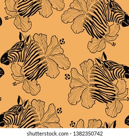 flowers zebra yellow seamless vector animals pattern. Concept for print, wallpaper, invitation, textile