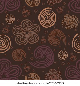 Flowers,circles and coffee cups, vector seamless pattern, chocolate colors hand drawn elements of doodle style on dark brown background. Design for textile, wallpaper, wrapping, and napkins.