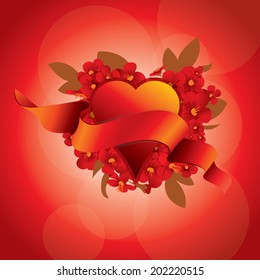 Flowerses on background heart and ribbon