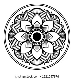 Flower-shaped mandala, black and white pattern. Islam, Arabic, Pakistan, Moroccan, Turkish, Indian, Spain motifs. Hand drawn background, vector isolated on white. EPS10