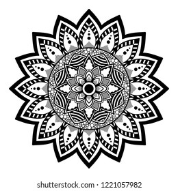 Flower-shaped mandala, black and white pattern. Islam, Arabic, Pakistan, Moroccan, Turkish, Indian, Spain motifs. Hand drawn background, vector isolated on white. EPS10