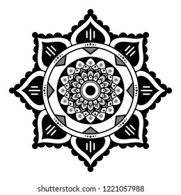 Flower-shaped mandala, black and white pattern. Islam, Arabic, Pakistan, Moroccan, Turkish, Indian, Spain motifs. Hand drawn background, vector isolated on white. EPS10